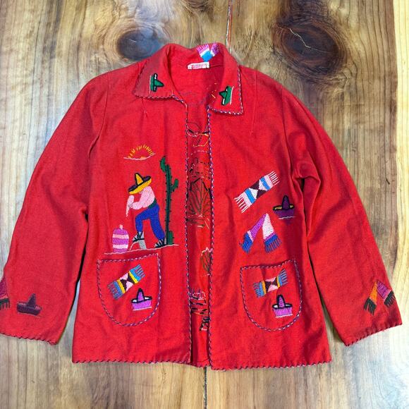 Vintage 40s 50s Urbina Mexican Tourist Jacket Womens Shirt Wool Embroidered II12 - Picture 1 of 15